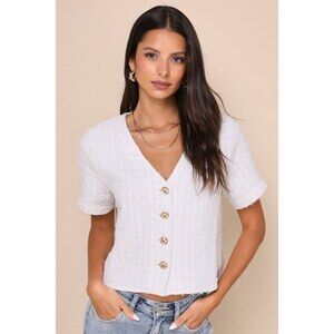 Lulus Chicest State White Tweed Button-up Short Sleeve Top - Size L
